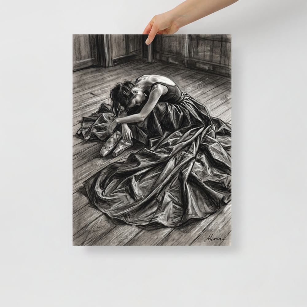 'Quiet Exhaustion' — a Realism,Figurative art print. Emotional charcoal drawing of an exhausted ballerina resting on a wooden floor, a moving artwork suitable for a bedroom or studio.