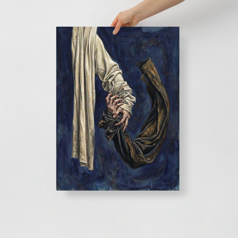 'Tethered Grasp' — a Realism,Surrealism print. Detailed oil painting of two hands gripping light and dark fabric against a dark blue background, an intense and emotional artwork.