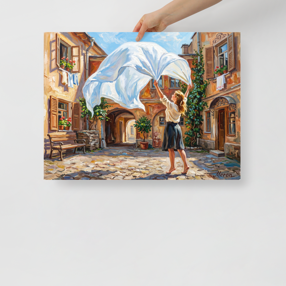 'The White Sheet' — a Impressionism print. A barefoot woman in a skirt hangs a large white sheet in a sunlit cobblestone courtyard, a perfect piece for a sunny kitchen or laundry room.