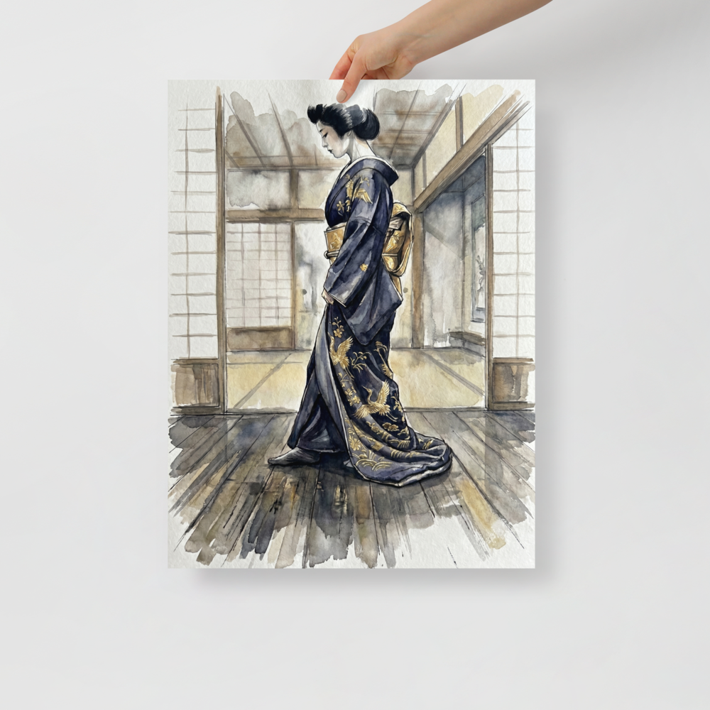 'The Golden Crane Kimono' — a Japanese art print. A woman wearing a dark blue kimono adorned with golden cranes stands in a traditional Japanese room, perfect for adding elegance to a bedroom or living room.