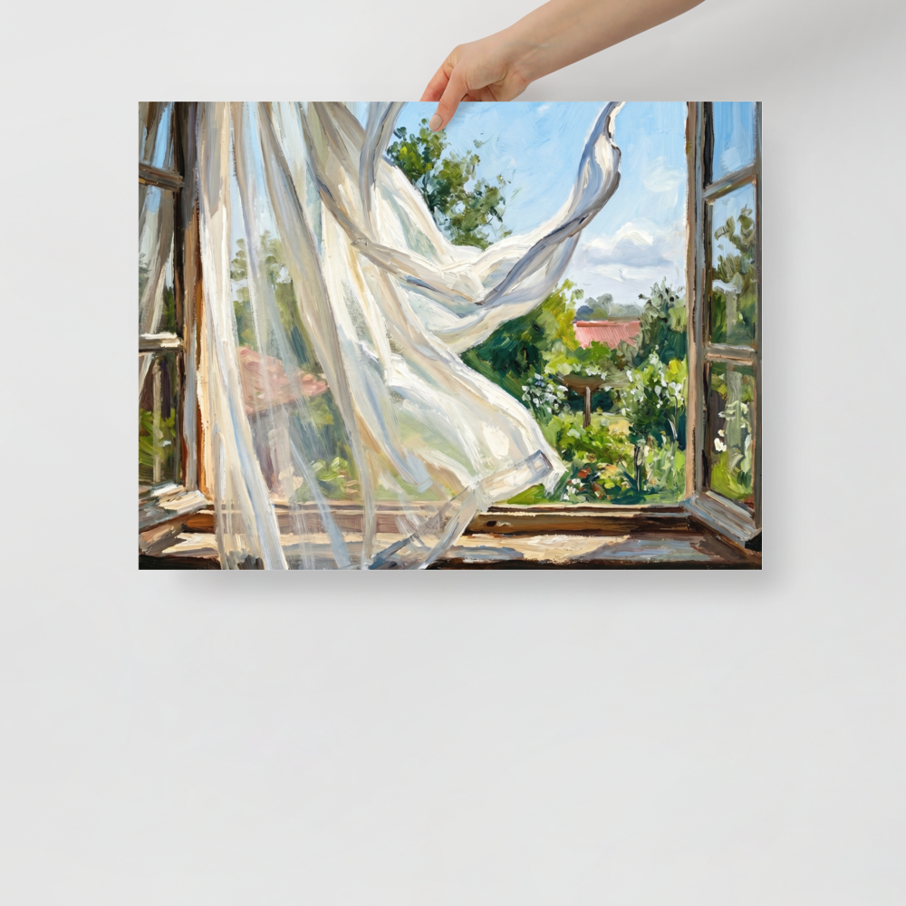 'The Open Window' — a Impressionism,Plein Air print. Sheer white curtains blow in the breeze through an open wooden window looking out onto a lush green garden, perfect for a sunny bedroom or sunroom.