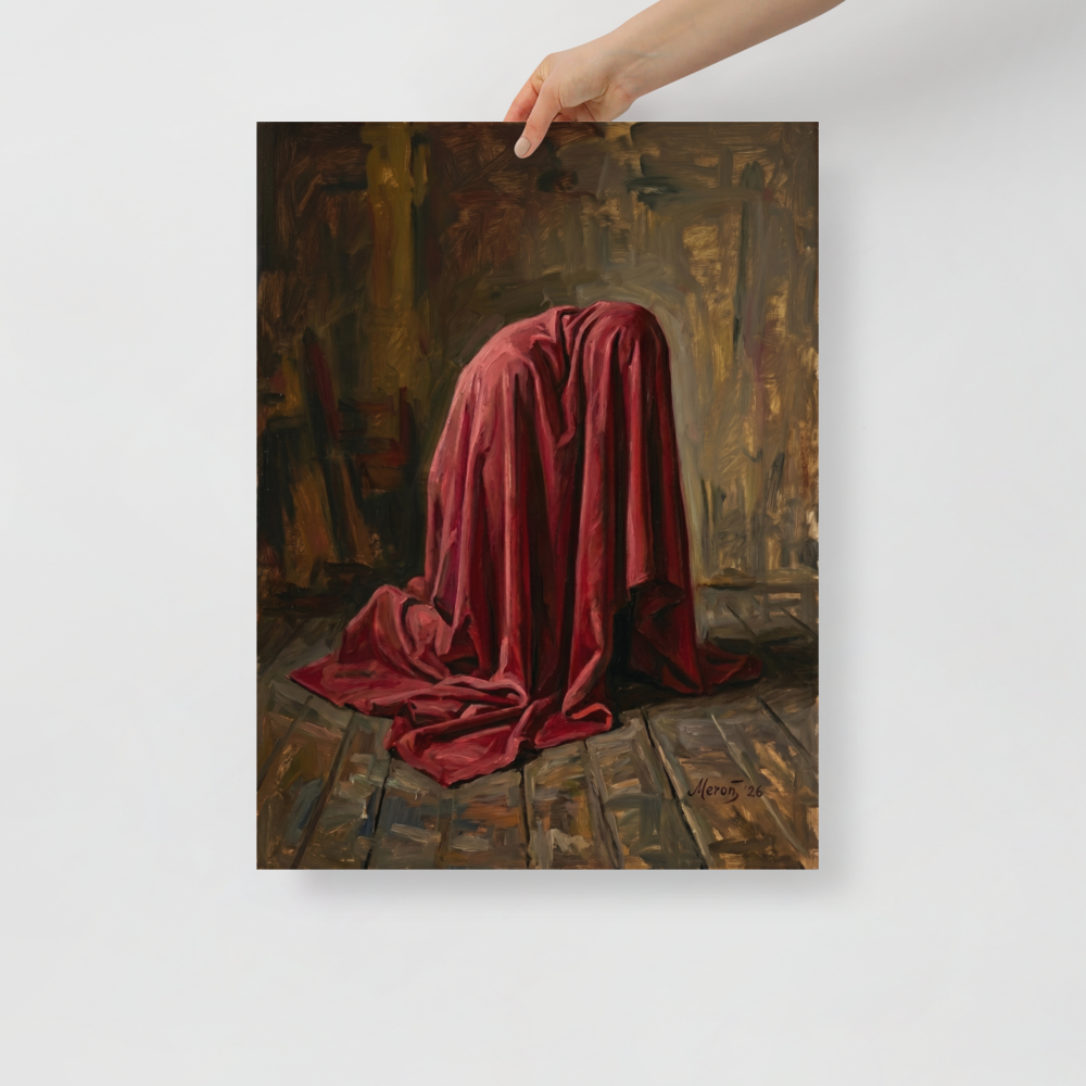'The Red Drape' — a Baroque,Realism print. A mysterious figure completely covered in a heavy red drape kneels on a wooden floor in a dark room, adding dramatic tension to a study or living room.
