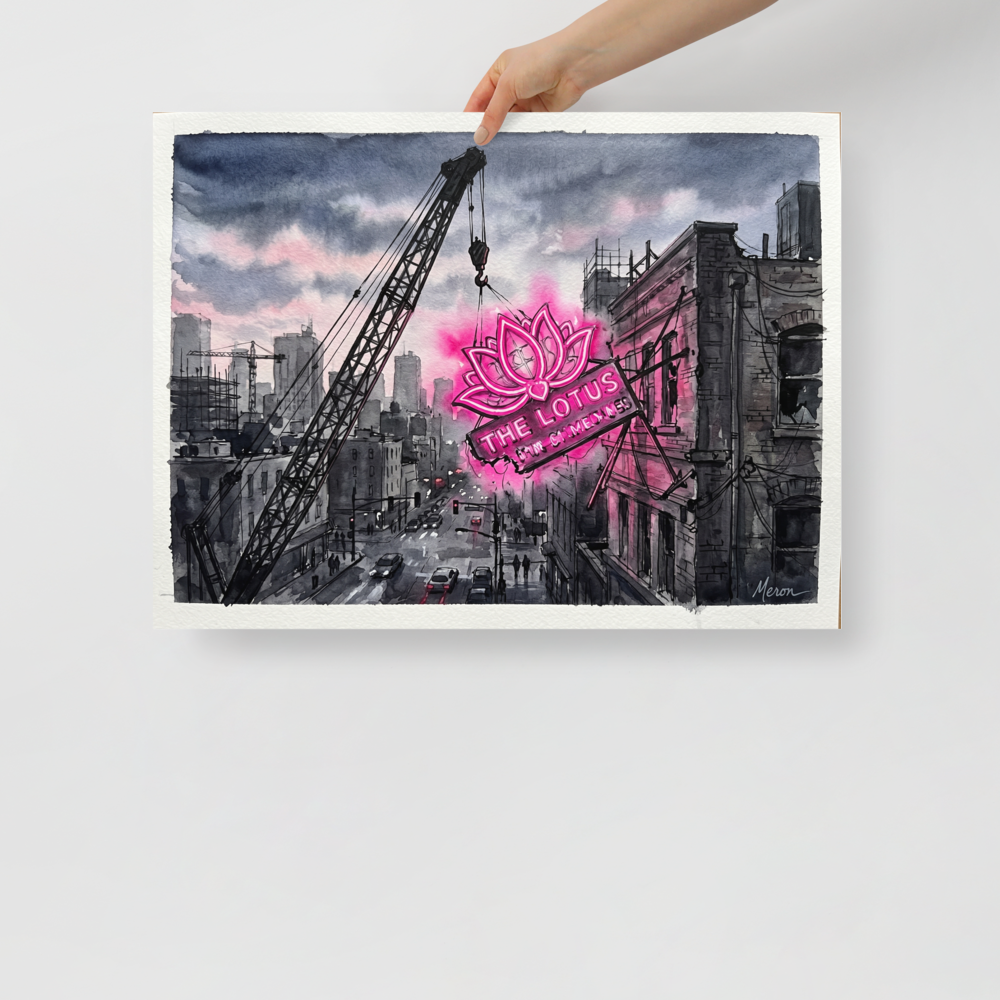 'The Lotus Sign' — a Realism,Street art print. A glowing pink neon lotus sign stands out against a grayscale watercolor cityscape with a construction crane, perfect for a modern office or living room.