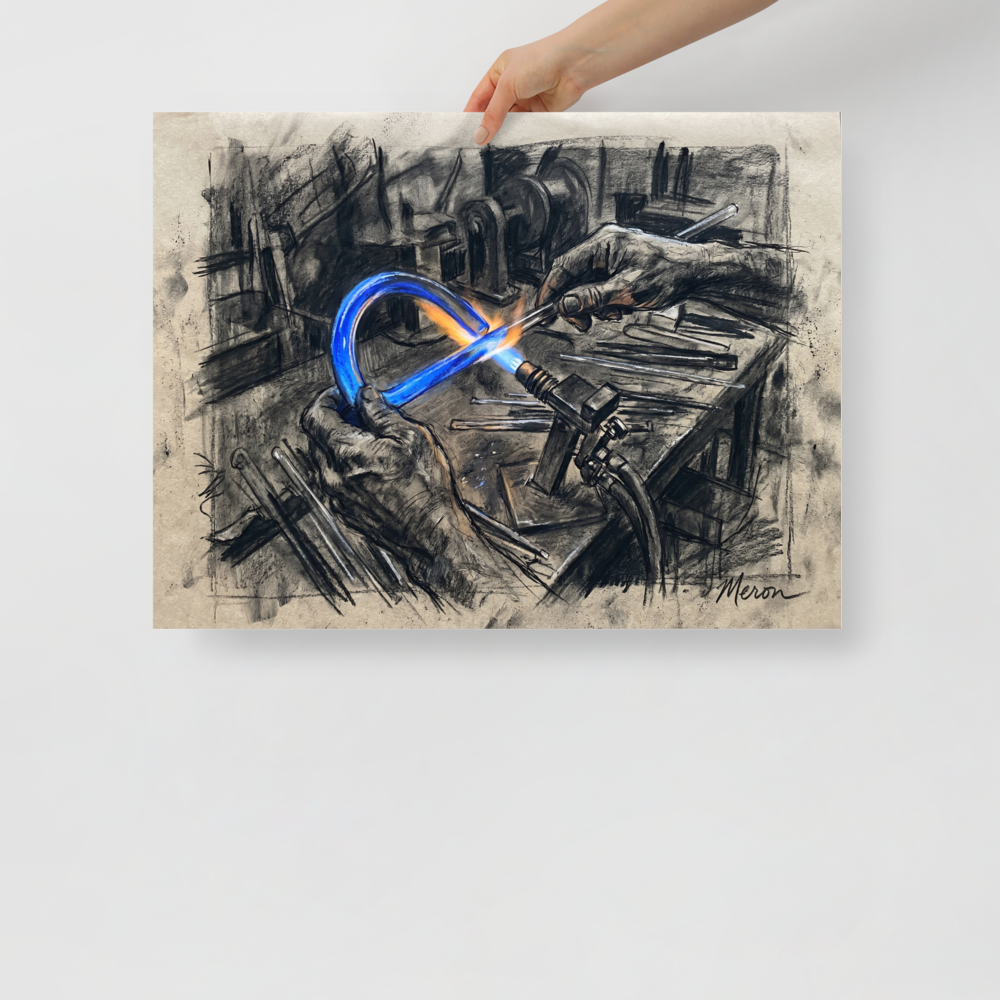 'The Neon Maker' — a Realism print. A charcoal sketch of an artist's hands using a blowtorch to bend a glowing blue neon glass tube, perfect for a studio or modern office.