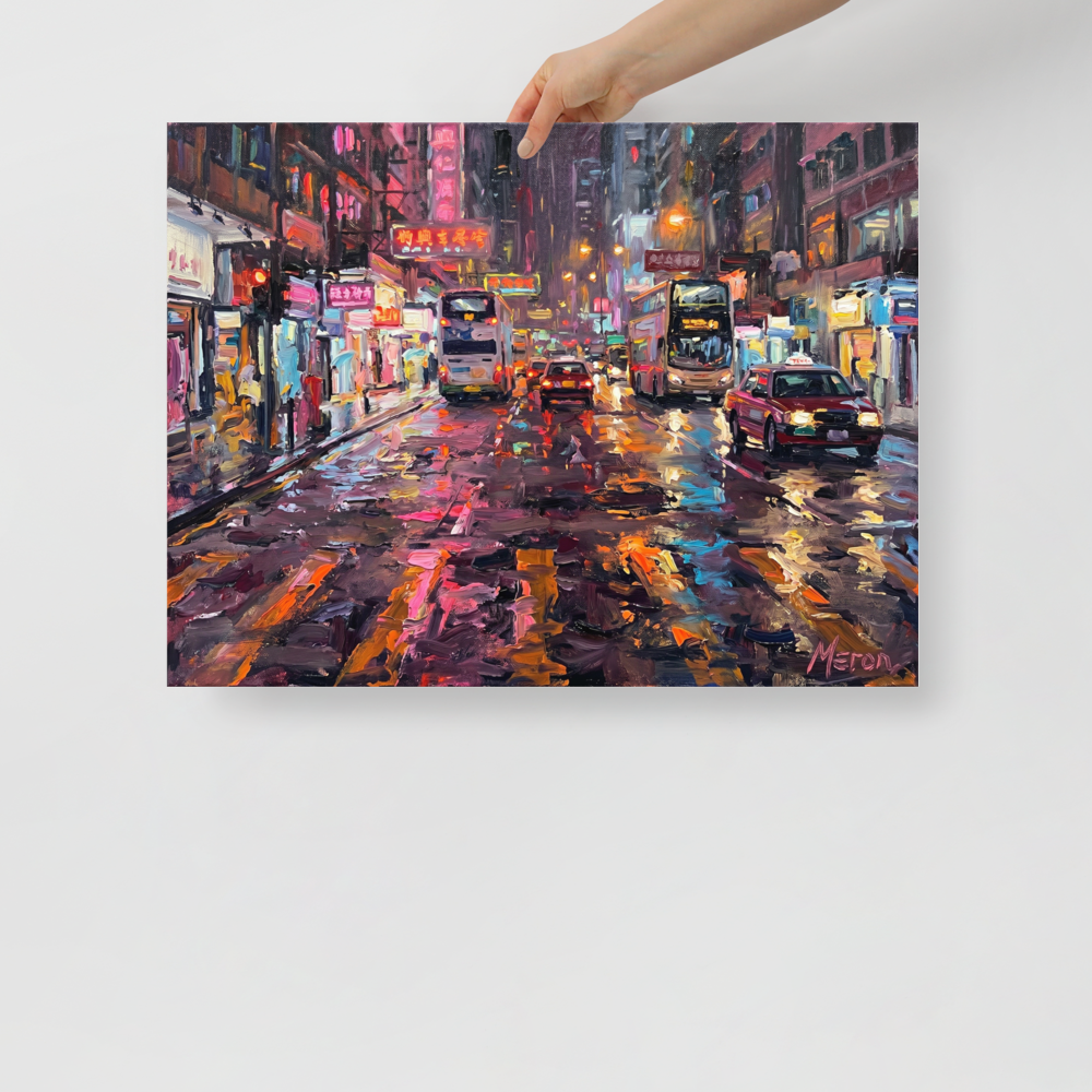 'Neon Night Reflections' — a Impressionism print. A vibrant impasto oil painting of a busy neon-lit city street at night with cars and buses reflecting on the wet pavement, perfect for bringing energy to an office or living room.
