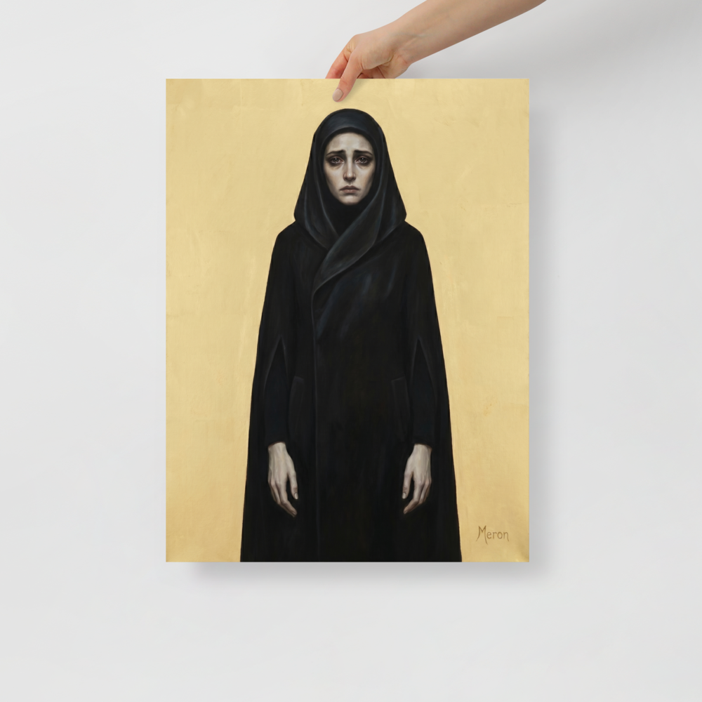 'The Grieving Matriarch' — a Figurative art,Symbolism print. A solemn woman in a dark hooded cloak against a plain gold background, ideal for a moody living room.