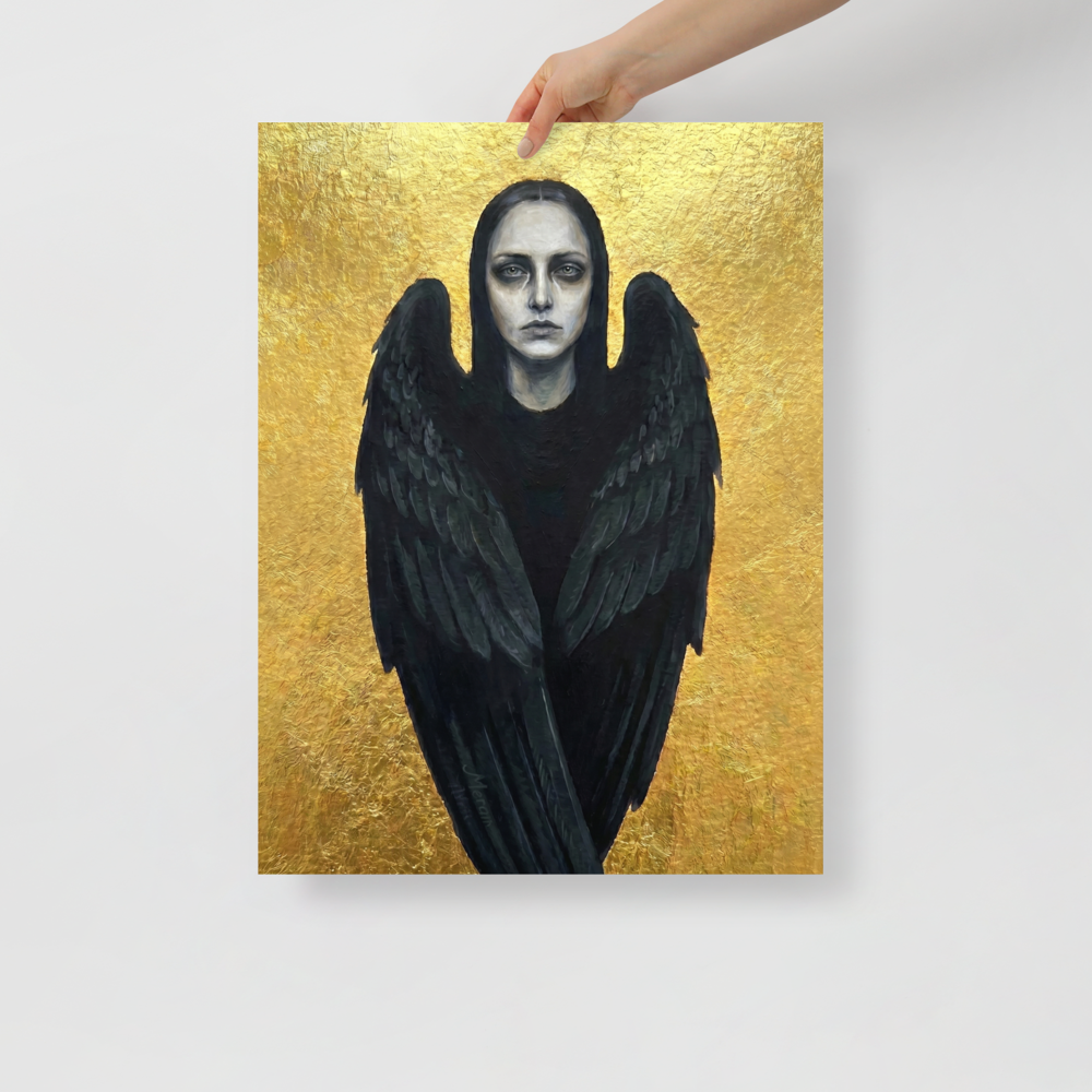 'The Dark Seraph' — a Figurative art,Symbolism print. A pale woman with black angel wings standing before a brilliant golden background, perfect for a striking entryway.