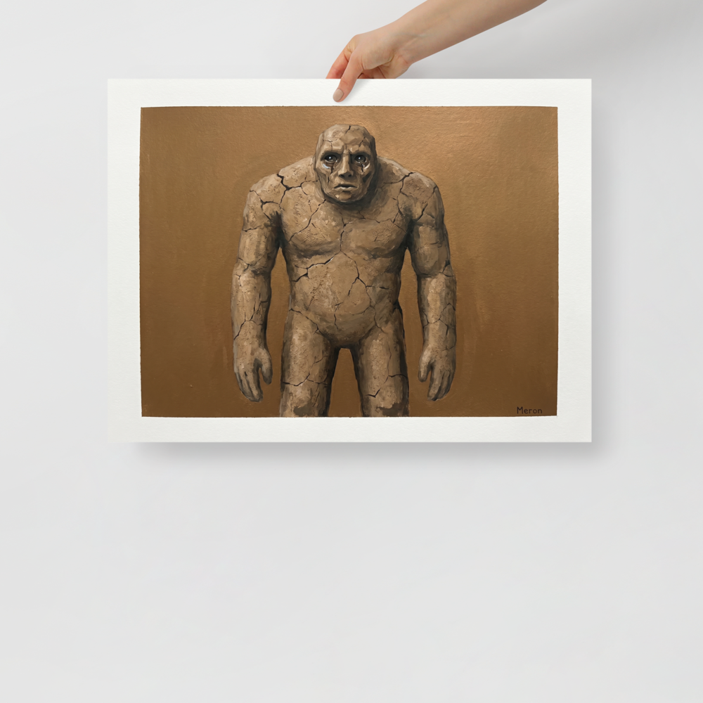 'The Weeping Golem' — a Surrealism,Figurative art print. A heavy golem figure made of cracked stone with crying eyes, ideal for a moody office or living room.