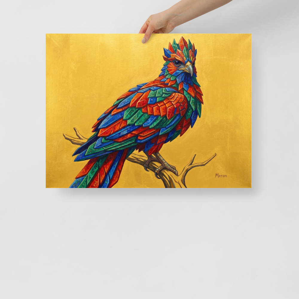 'The Gemstone Falcon' — a Geometric abstract art,Surrealism print. A vibrant bird made of geometric jewel-toned feathers sitting on a branch against a bright gold background, ideal for a lively sunroom.
