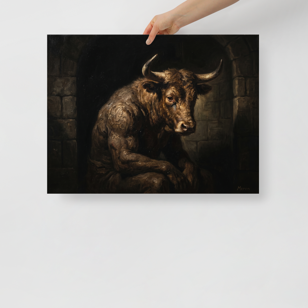'The Captive Beast' — a Figurative art,Expressionism print. A muscular minotaur sitting sadly in a dark stone alcove, painted with thick oil textures, perfect for a man cave.