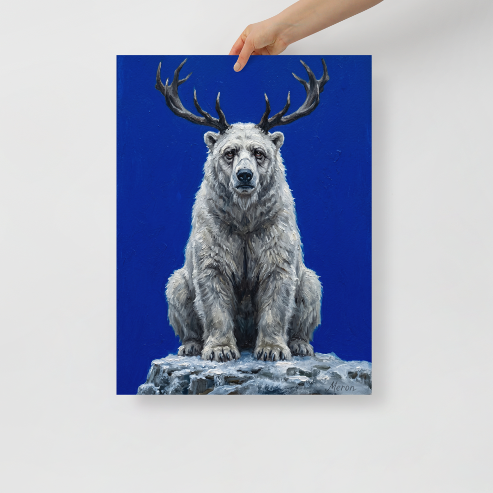 'The Horned Bear' — a Surrealism,Expressionism print. A white polar bear with deer antlers sitting on a snowy rock against a bright blue background, perfect for an eclectic living room.