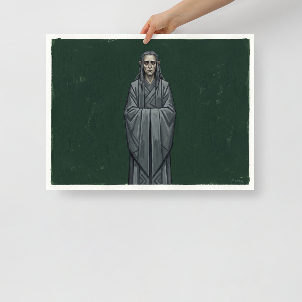 'The Somber Elf' — a Figurative art,Surrealism print. A sad pale elf with long grey hair wearing a grey robe against a dark green textured background, ideal for a moody reading room or library.