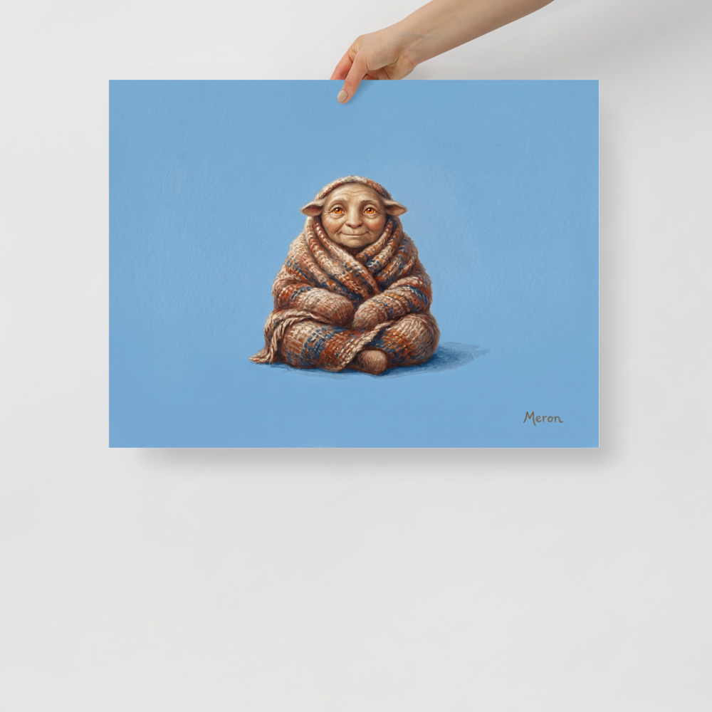'The Cozy Gnome' — a Figurative art,Magic realism print. A small cute creature with big ears wrapped in a knit blanket against a bright blue background, perfect for a cozy nursery.