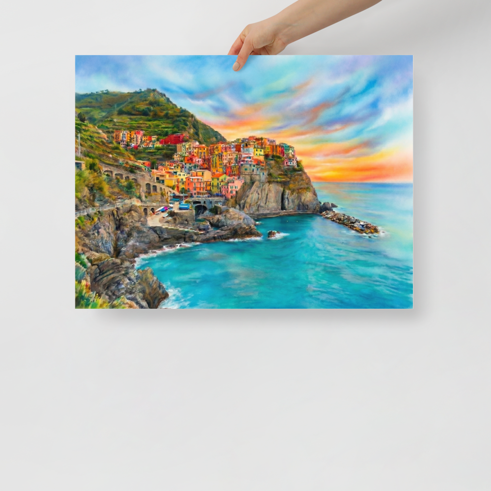 'Coastal Dreams' — a Realism,Romanticism print. A vibrant airbrush painting of a colorful cliffside coastal village overlooking turquoise ocean waters at sunset, perfect for a sunroom or bedroom.