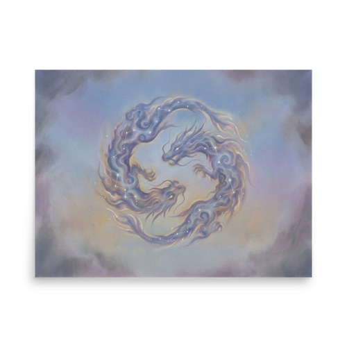 'Celestial Dragons' — a Surrealism print. A soft airbrush painting of two swirling dragons made of pastel clouds and glowing star constellations against a twilight sky, perfect for a meditation room or bedroom.