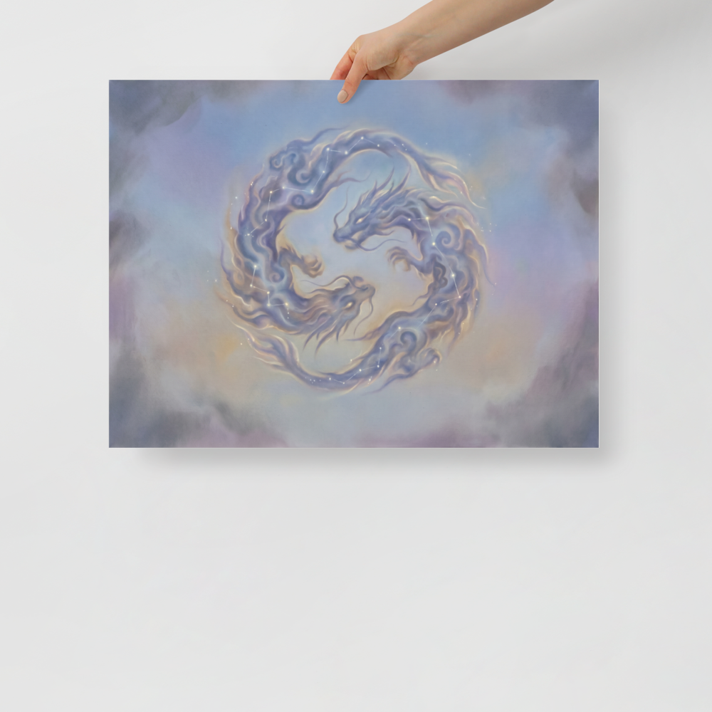 'Celestial Dragons' — a Surrealism print. A soft airbrush painting of two swirling dragons made of pastel clouds and glowing star constellations against a twilight sky, perfect for a meditation room or bedroom.