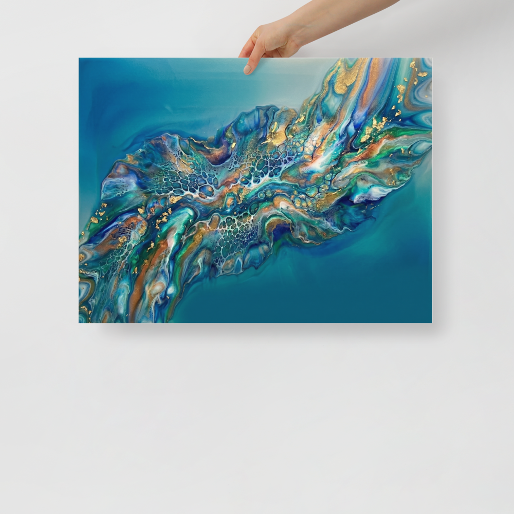 'Teal Nebula' — a Abstract art print. A sweeping teal and gold fluid abstract artwork with cellular patterns, perfect for a Living Room.