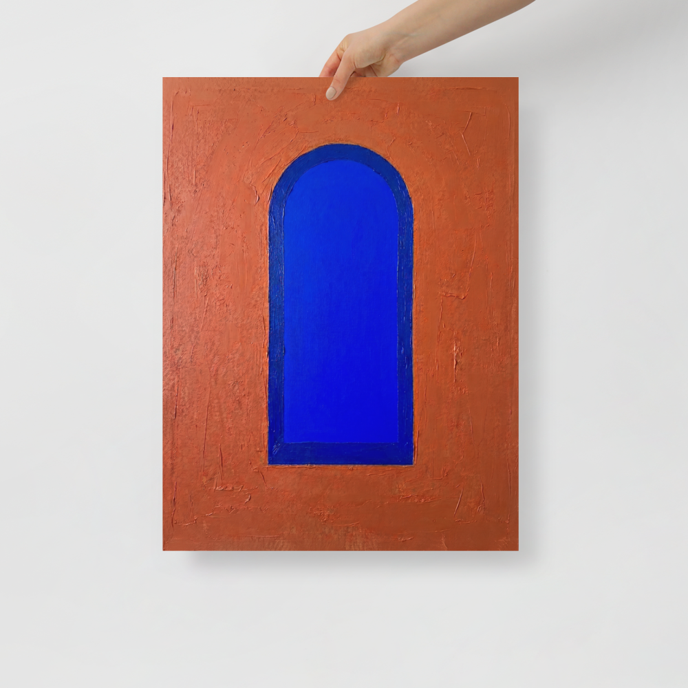 'The Blue Arch' — a Minimalism print. An abstract impasto painting featuring a vivid blue arch against a textured orange background, ideal for a modern Hallway.