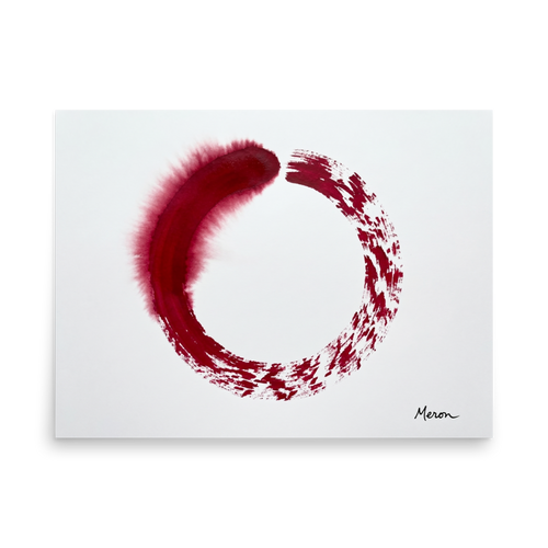 'Crimson Enso' — a Minimalism,Abstract expressionism print. Minimalist painting of a single deep red Enso circle on a white background, offering a serene yet bold focal point for a meditation room or office.