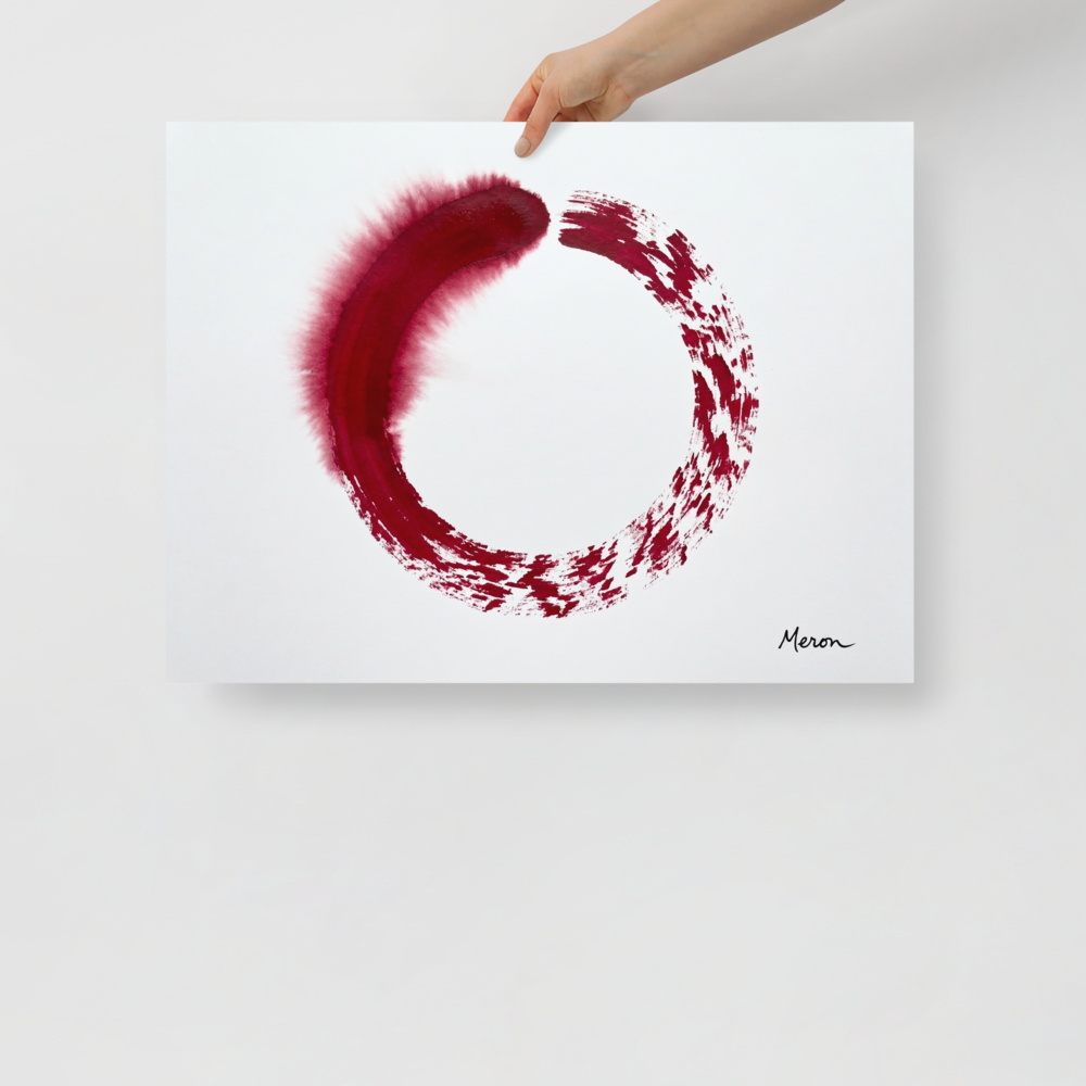 'Crimson Enso' — a Minimalism,Abstract expressionism print. Minimalist painting of a single deep red Enso circle on a white background, offering a serene yet bold focal point for a meditation room or office.