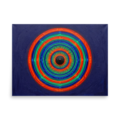 'Chromatic Pulse' — a Op Art print. A vibrant, textured abstract painting featuring concentric circles of green, orange, and blue on a deep blue background, perfect for a Game Room.