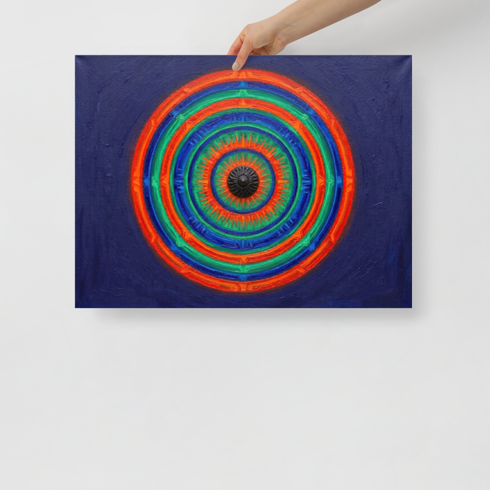 'Chromatic Pulse' — a Op Art print. A vibrant, textured abstract painting featuring concentric circles of green, orange, and blue on a deep blue background, perfect for a Game Room.