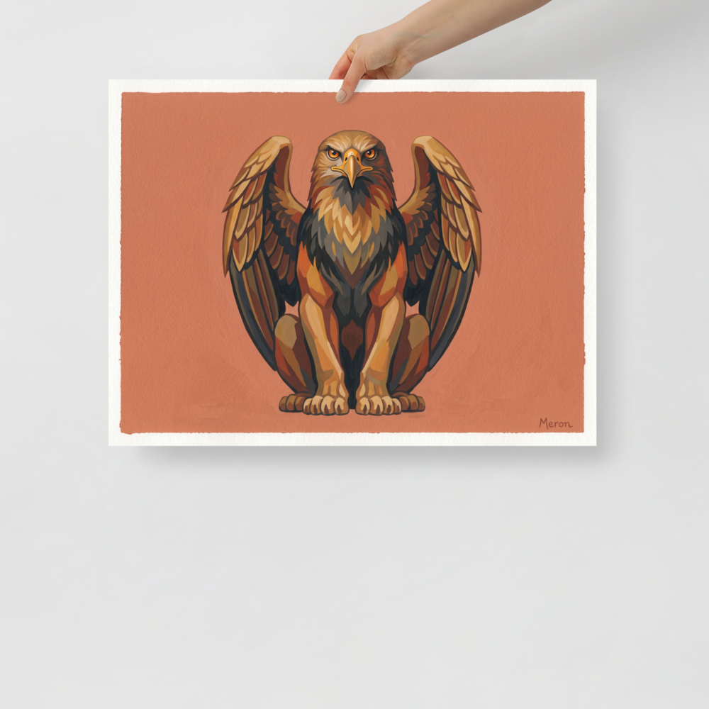 'The Golden Griffin' — a Art Deco print. A stylized, warm-toned illustration of a griffin sitting proudly against a terracotta background, ideal for an Office or Library.