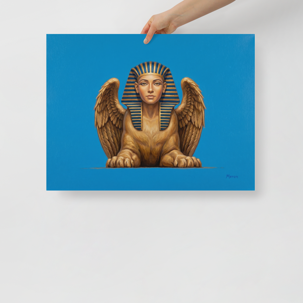 'The Golden Sphinx' — a Realism print. A detailed painting of a golden winged sphinx with a pharaoh's headdress set against a bright blue background, ideal for an Office.