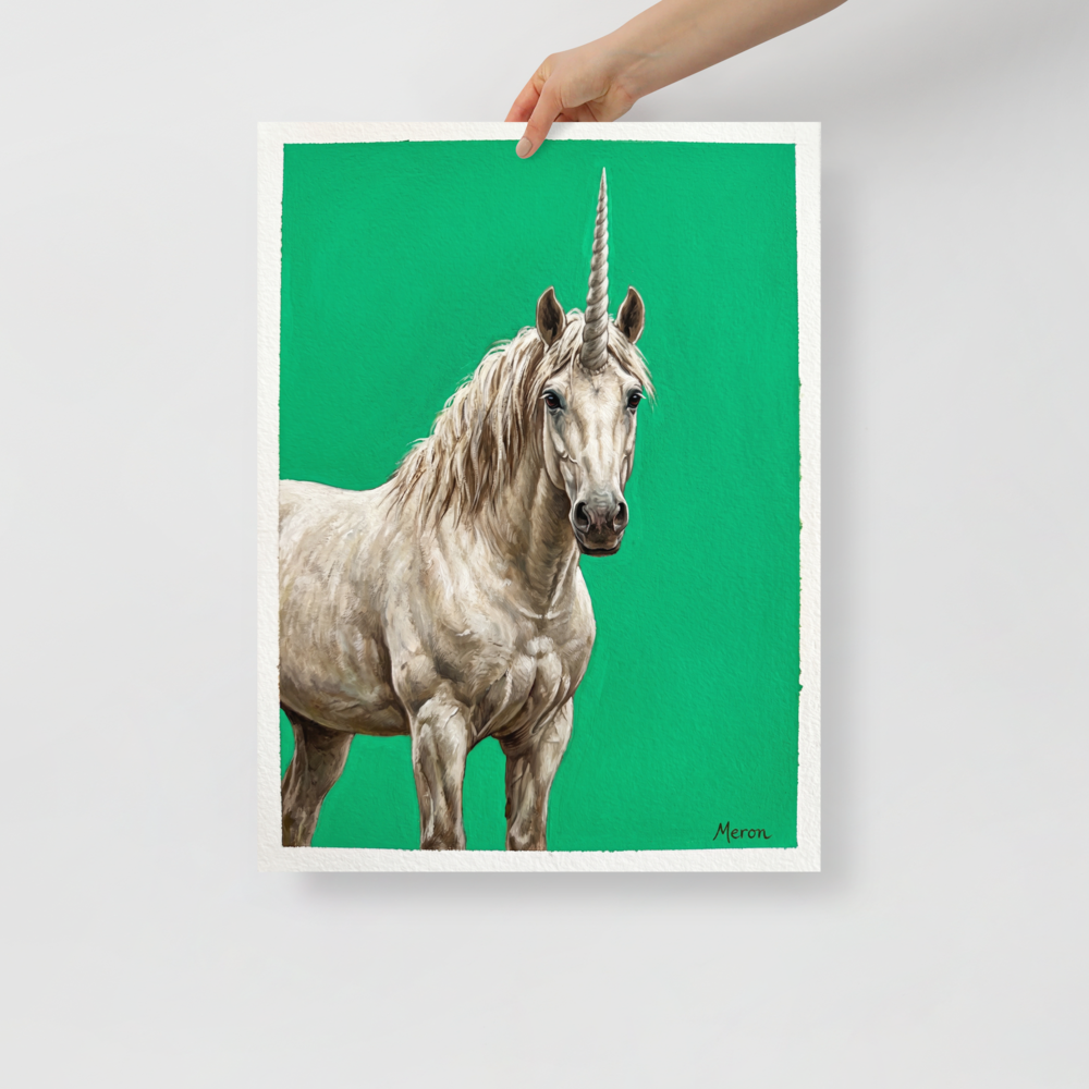 'The Emerald Unicorn' — a Realism print. A detailed painting of a white unicorn standing against a vibrant green background, perfect for a magical Nursery or Playroom.