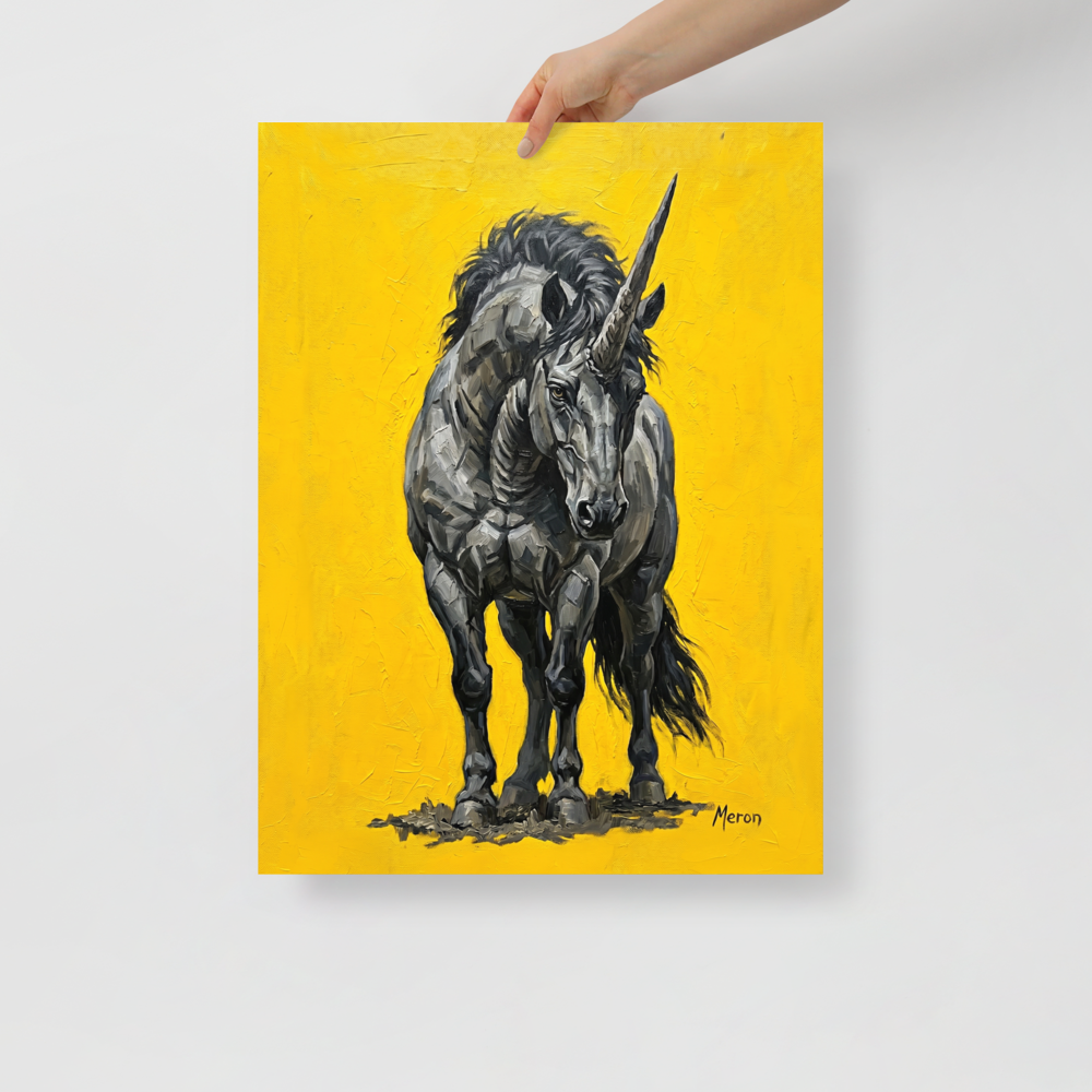 'The Iron Horn' — a Expressionism print. An expressive impasto painting of a dark grey unicorn against a bright yellow background, suitable for a striking Office.