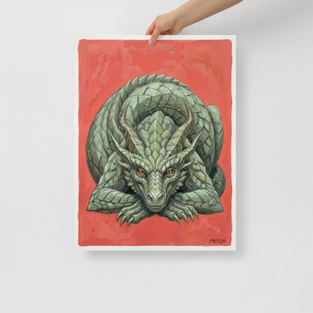 'Slumbering Drake' — a Fantastic realism print. A detailed painting of a green dragon sleeping against a warm red background, perfect for a cozy Library or Nursery.
