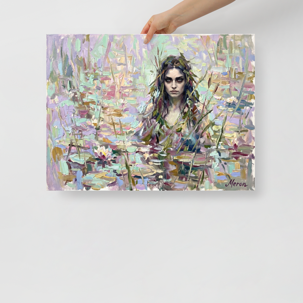 'The Lily Nymph' — a Impressionism print. A heavily textured impasto painting of a mystical woman in a lily pond with pastel colors, ideal for a relaxing Bathroom.