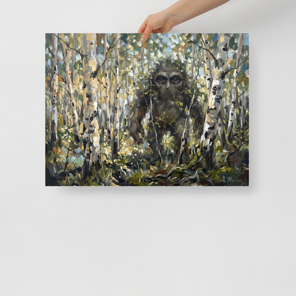 'Forest Watcher' — a Expressionism print. A thick oil painting of a mysterious sasquatch-like figure camouflaged within a dense birch forest, perfect for a cozy cabin or den.
