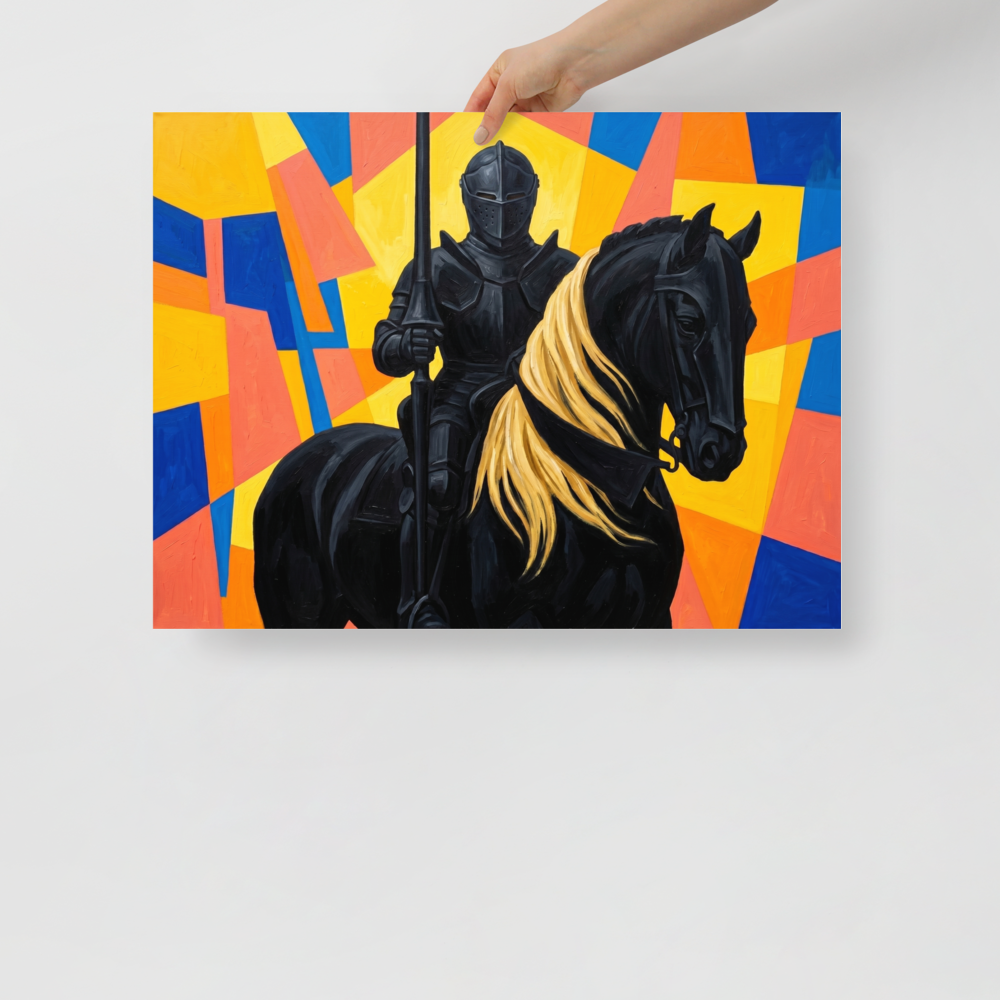 'The Abstract Knight' — a Cubism,Figurative art print. A bold painting of a dark knight on a black horse with a blonde mane, set against a bright, abstract geometric background in yellow, blue, and orange.
