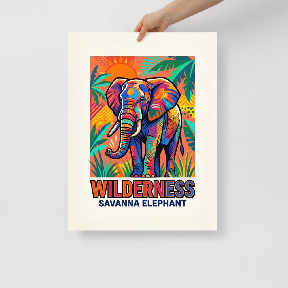 'Savanna Elephant Wilderness' — a Pop art print. A colorful pop art poster of an elephant in a vibrant savanna setting, perfect for bringing energy to a playful living room.