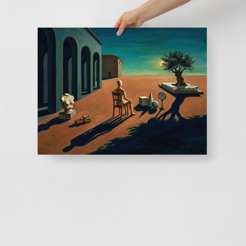 'The Silent Observer's Horizon' — a Metaphysical painting print. A metaphysical oil painting featuring a wooden mannequin sitting in a chair facing a lone tree in a desolate plaza, perfect for an Office or Living Room.