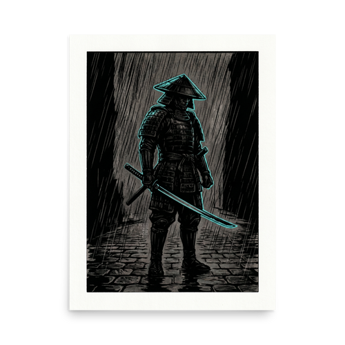 'Cyber Samurai in the Rain' — a Ukiyo-e,Retrofuturism print. Dark ink illustration of a samurai in the rain with a glowing neon cyan outline, perfect for a modern office or man cave.