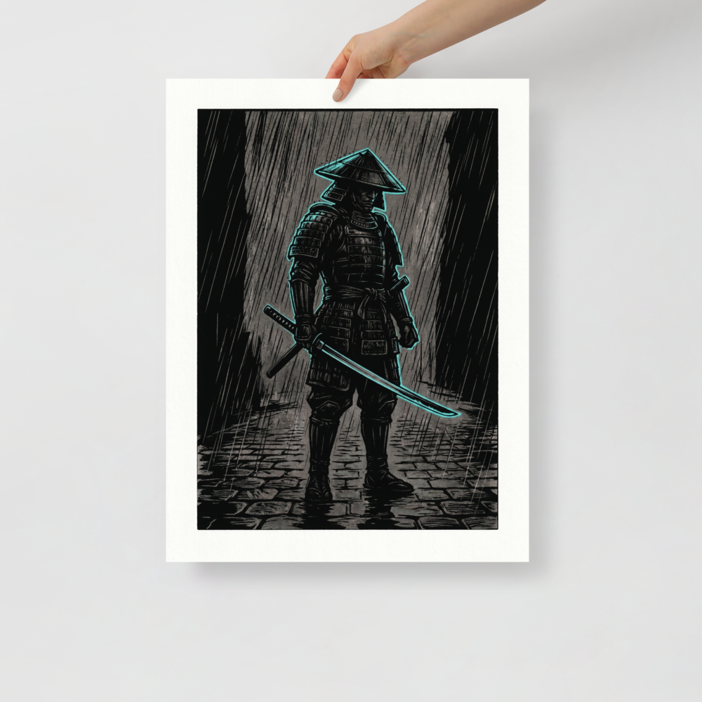 'Cyber Samurai in the Rain' — a Ukiyo-e,Retrofuturism print. Dark ink illustration of a samurai in the rain with a glowing neon cyan outline, perfect for a modern office or man cave.