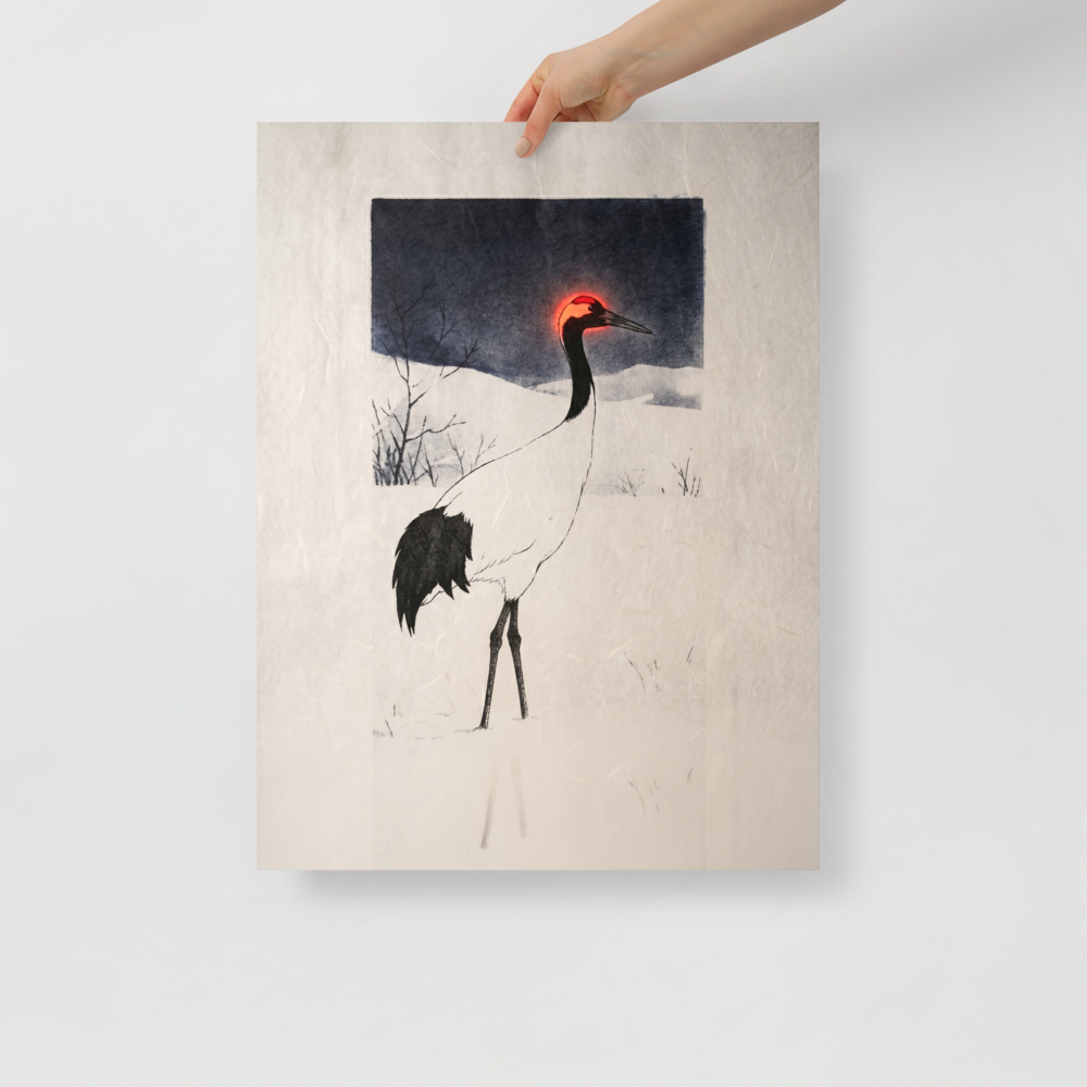 'Winter Crane's Neon Crown' — a Ukiyo-e,Surrealism print. Traditional ink-style painting of a white crane in a winter landscape with its red crown glowing like neon light, perfect for adding a peaceful yet modern touch to a living room.