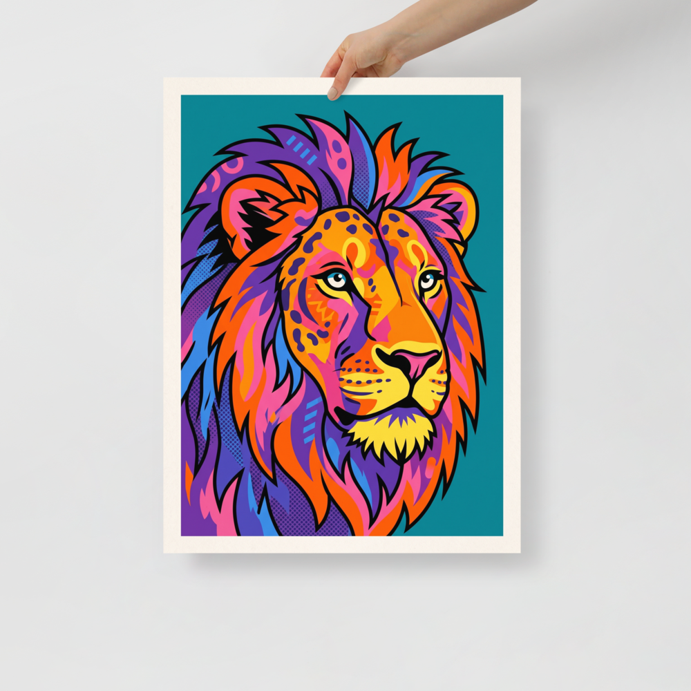 'Neon King' — a Pop art print. A vibrant pop art poster of a majestic lion's head in neon colors like purple, orange, and pink, perfect for a dynamic office or living room.