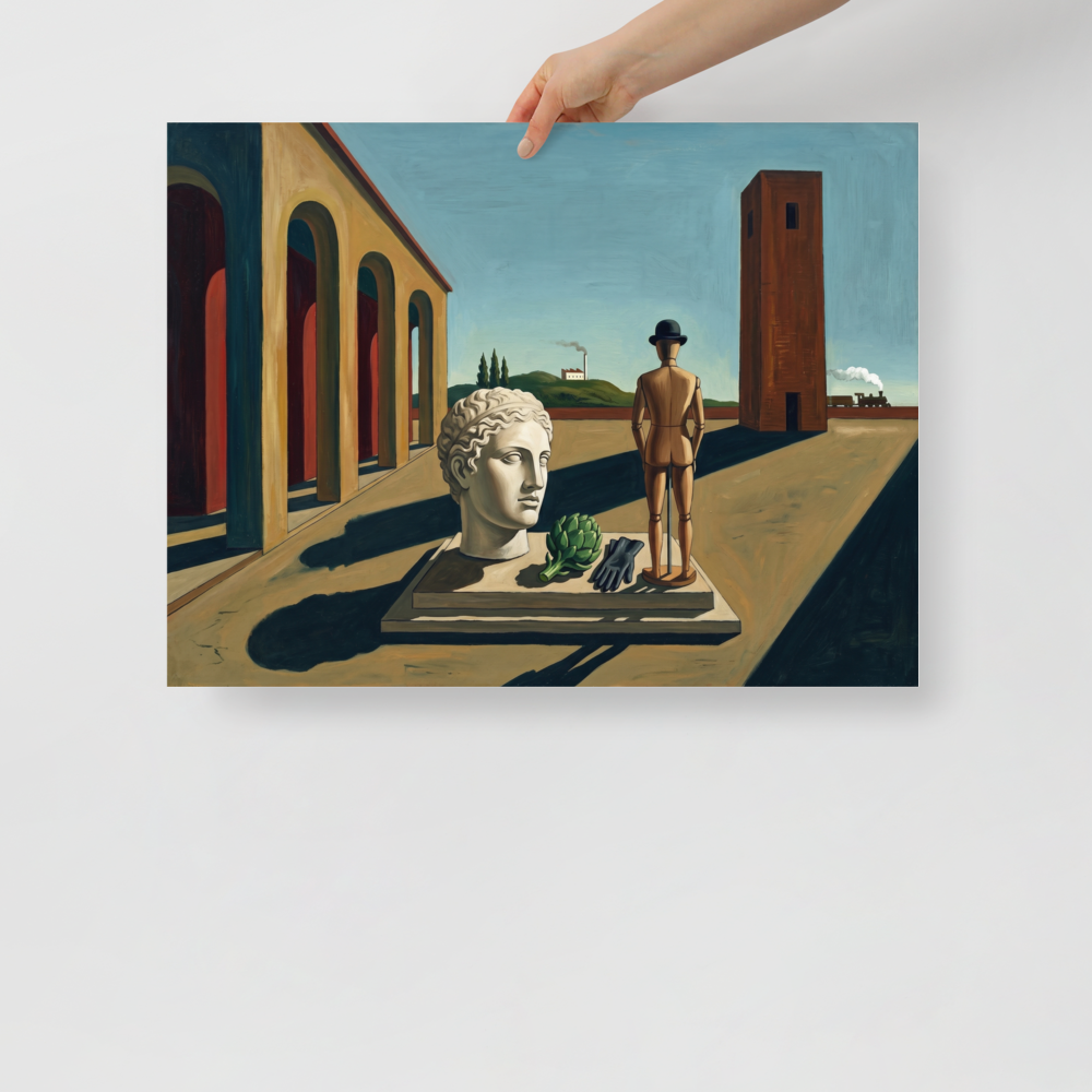 'The Enigma of the Industrial Mind' — a Metaphysical painting print. A metaphysical painting featuring a classical head, artichoke, and mannequin in a bowler hat standing in an empty plaza, perfect for an Office.