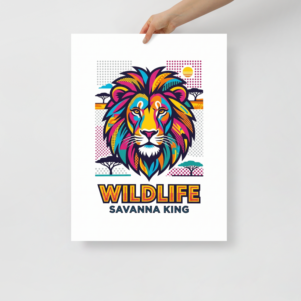 'Savanna King Wildlife' — a Pop art print. A vibrant pop art graphic of a lion's head set against a stylized savanna landscape with the text WILDLIFE SAVANNA KING, perfect for a playful office or game room.