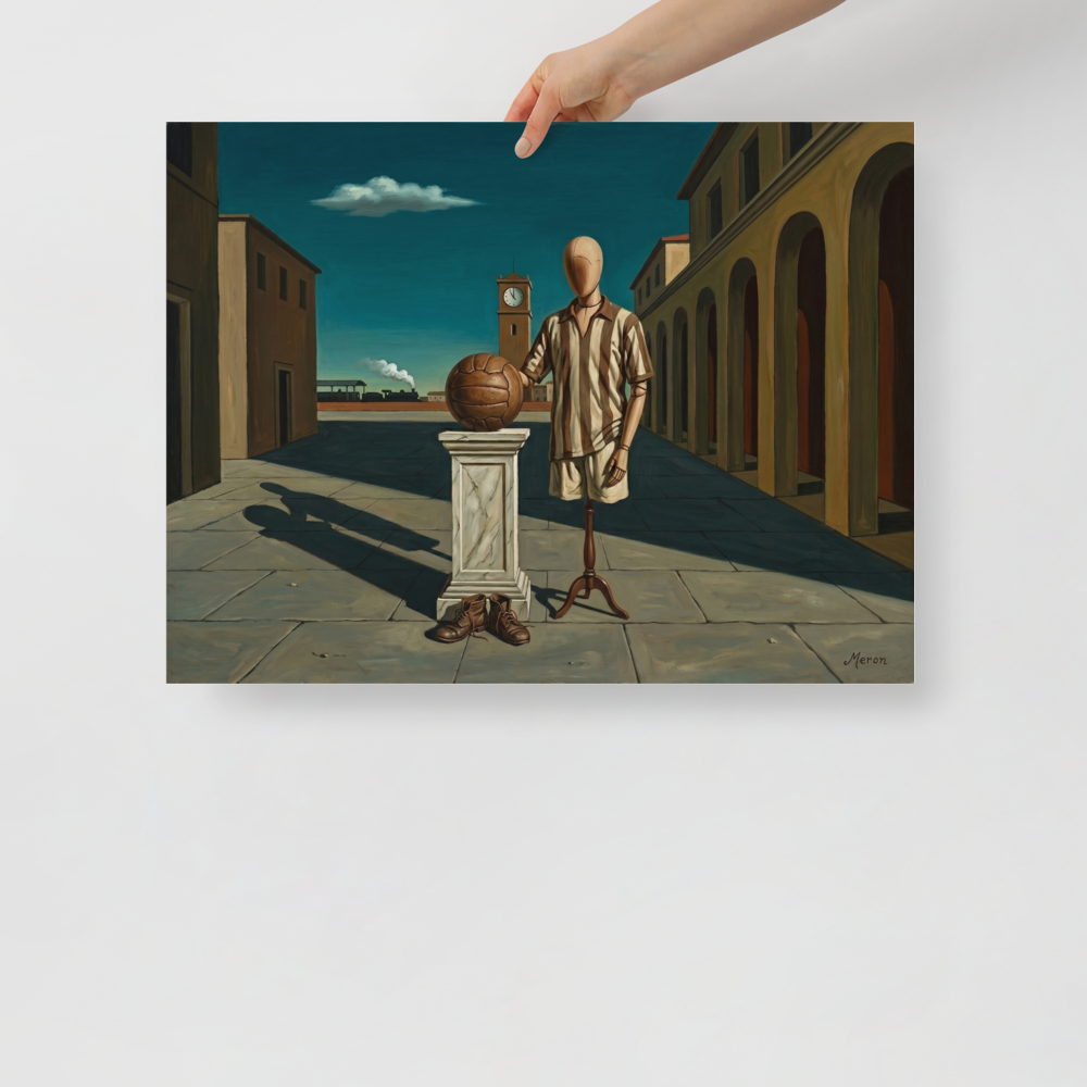 'The Athlete's Illusion' — a Metaphysical painting print. A metaphysical oil painting featuring a mannequin in sports clothing next to a leather ball in an Italian plaza, perfect for a Game Room.