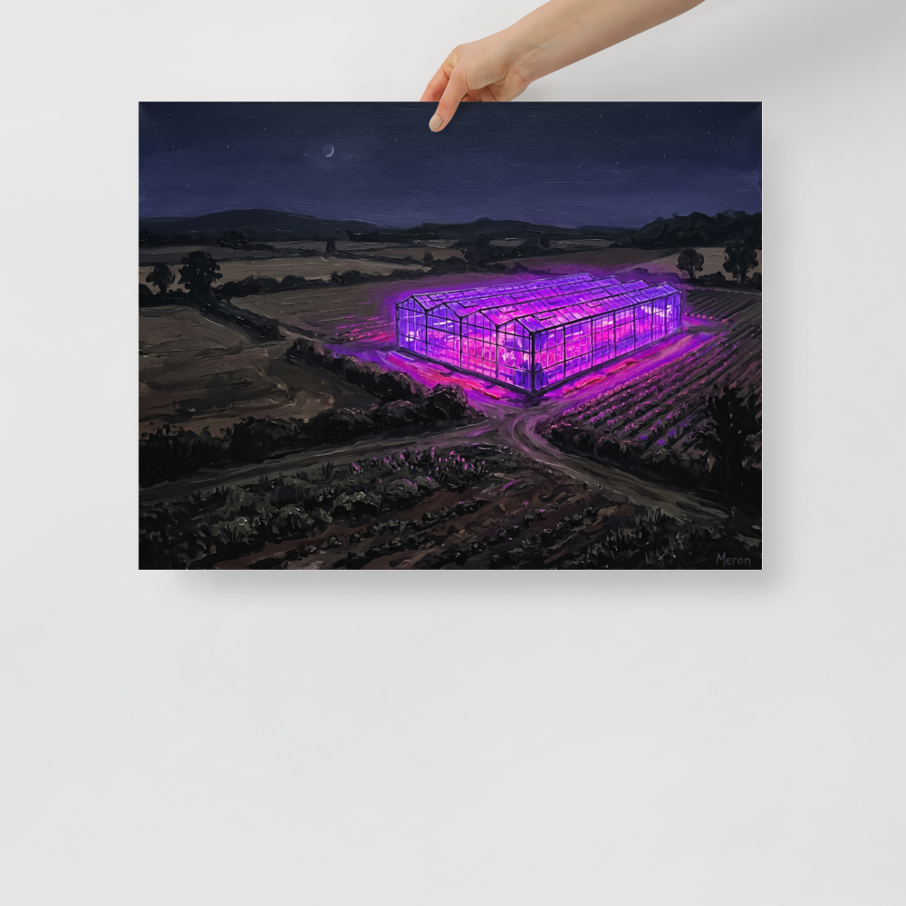 'Midnight Purple Harvest' — a Magic realism,Impressionism print. Oil painting of a dark rural landscape at night, centered on a large greenhouse glowing with bright purple light, ideal for adding a surreal touch to a living room or office.