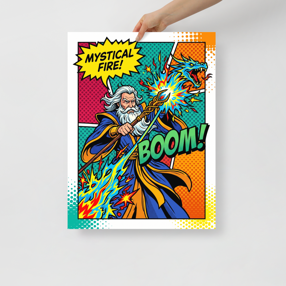 'Mystical Fire Boom' — a Pop art print. A comic-book style pop art poster showing a wizard casting a magical dragon spell with the text MYSTICAL FIRE and BOOM, perfect for a cool game room.