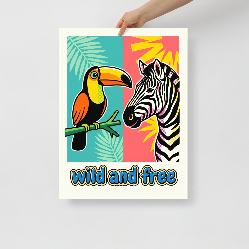'Wild and Free Toucan Zebra' — a Pop art print. A split background pop art poster featuring a toucan on the left and a zebra on the right with the text wild and free, perfect for a lively nursery or playroom.