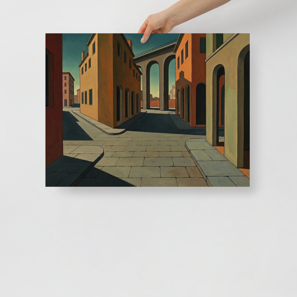 'The Silent Intersection' — a Metaphysical painting print. An oil painting of a completely empty city street with arched buildings and a large bridge in the background, perfect for a Living Room.