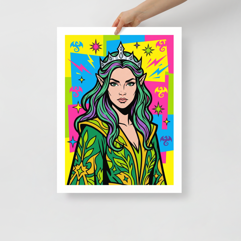 'Elven Queen of Pop' — a Pop art print. A comic-book style pop art poster featuring an elven queen with green hair and a crown against a bright colorful background with stars, perfect for a modern bedroom.