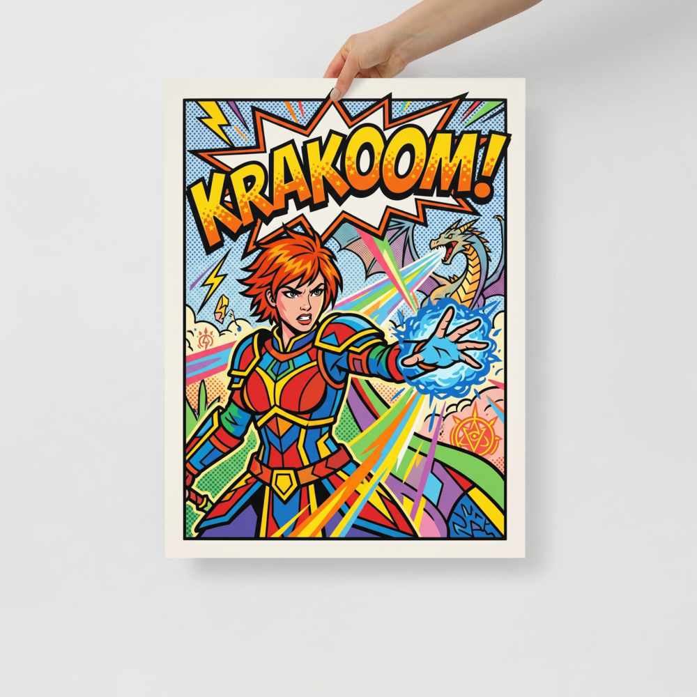 'Krakoom Warrior Blast' — a Pop art print. A comic-book style pop art poster of a female warrior casting a magic blast with a dragon in the background and the text KRAKOOM, perfect for a lively game room.