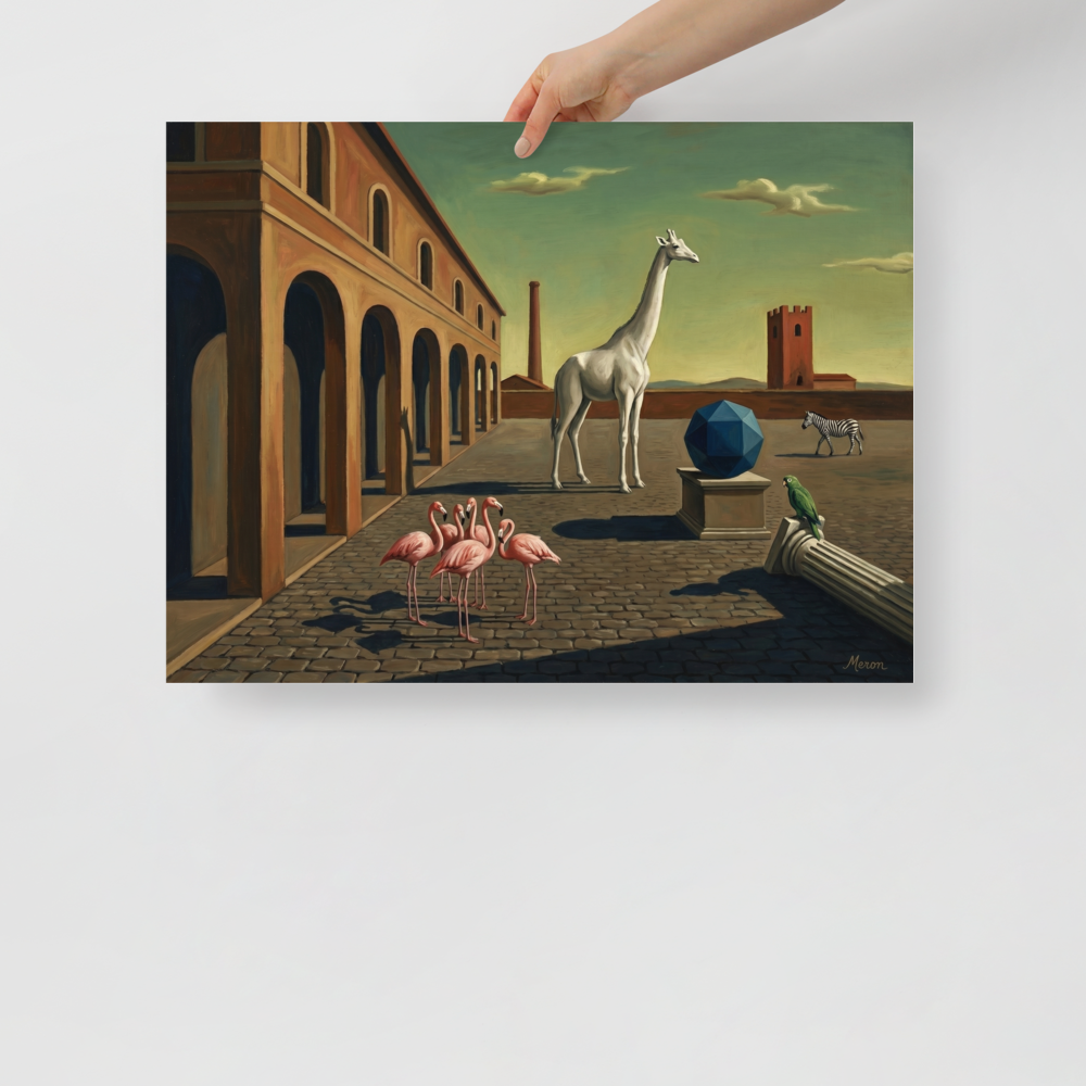 'The Giraffe's Geometry' — a Surrealism print. A surreal painting of a white giraffe, flamingos, and a blue geometric shape in an empty plaza, perfect for a Living Room.